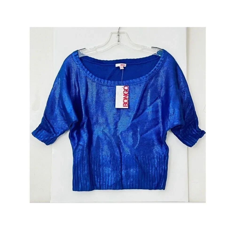 NWT Gorgeous Bongo XL Stretch Metallic Blue Dolman Sleeve Round Neck Blouse Top